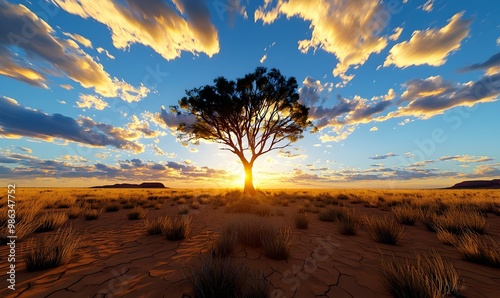 Uluru Sunset Serenity, Witnessing the vibrant hues of dusk as the sun sets behind the iconic Uluru rock formation in Australia. photo