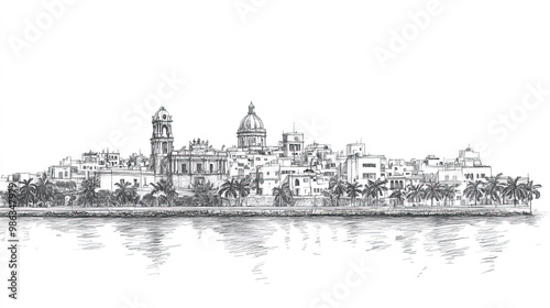 Mayagez, Puerto Rico, black and white pen pencil hand-drawn effect drawing illustration for travel poster, card, wallpaper, backdrop or banner. Modern, clear, artistic and simple