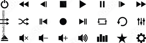 Media player flat icons set. Collection of multimedia symbols isolated on transparent background. Audio, volume, interface, design media player buttons. Play, pause, stop, record, forward, rewind.