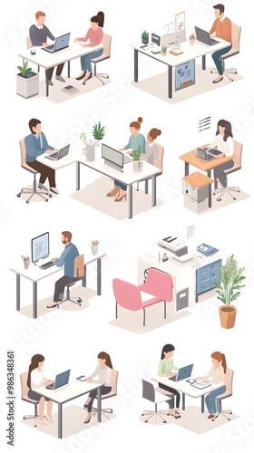 Isometric vector illustration of people in an office, working together at tables and desks, against a white background.