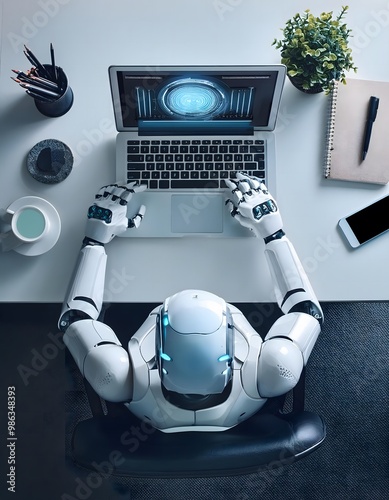Top-down view of a robot sitting at a desk, working on a laptop. The scene features a minimalist tech aesthetic, with a clean and isolated background, ideal for concepts of automation, AI, and futuris