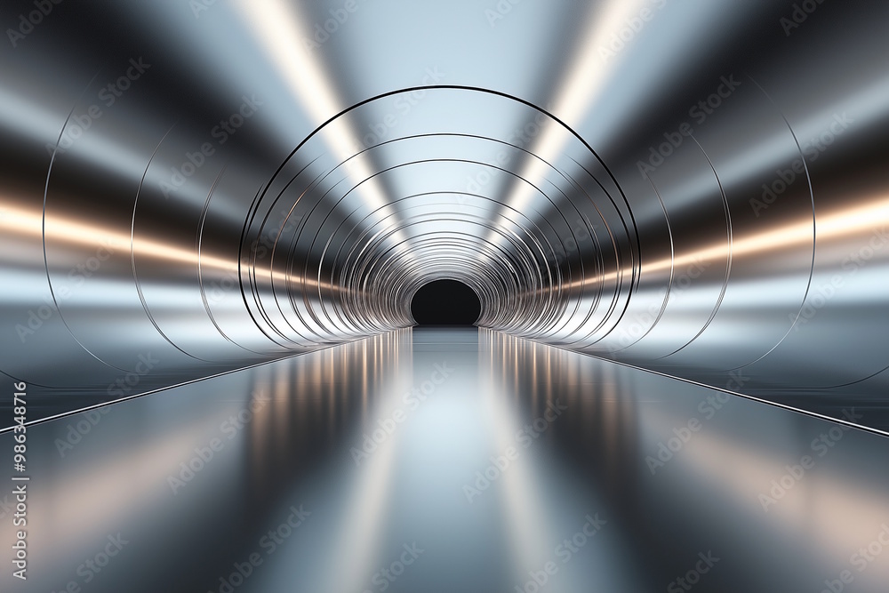 Futuristic metallic tunnel with a bright reflective surface, leading into darkness, surrounded by concentric circular patterns suggesting modern technology or transport. Concept for science fiction Futuristic metallic tunnel with a bright reflective surface, leading into darkness, surrounded by concentric circular patterns suggesting modern technology or transport. Concept for science fiction