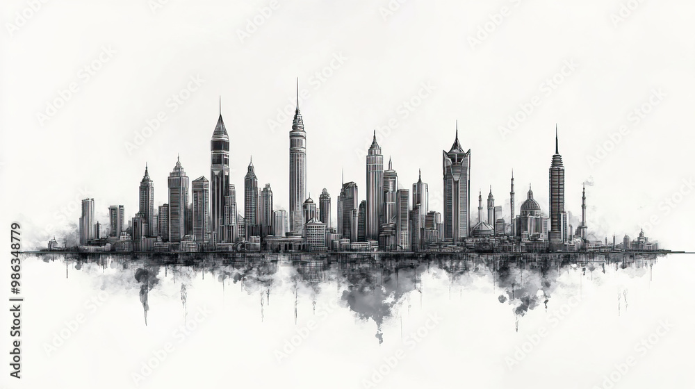 Obraz premium Mecca, Saudi Arabia, black and white pen pencil hand-drawn effect drawing illustration for travel poster, card, wallpaper, backdrop or banner. Modern, clear, artistic and simple