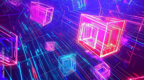 Neon Cubes and Lines in a Purple and Blue Digital Space