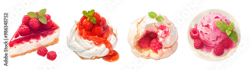 Set of various raspberry desserts. Illustration isolated on transparent background. Dessert and bakery concept. Clipart for cookbook, menu, and culinary advertising.