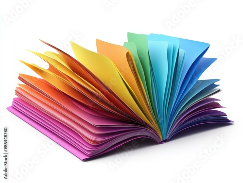 Colorful open book with pages fanned out, showcasing vibrant hues that inspire creativity and imagination, white background