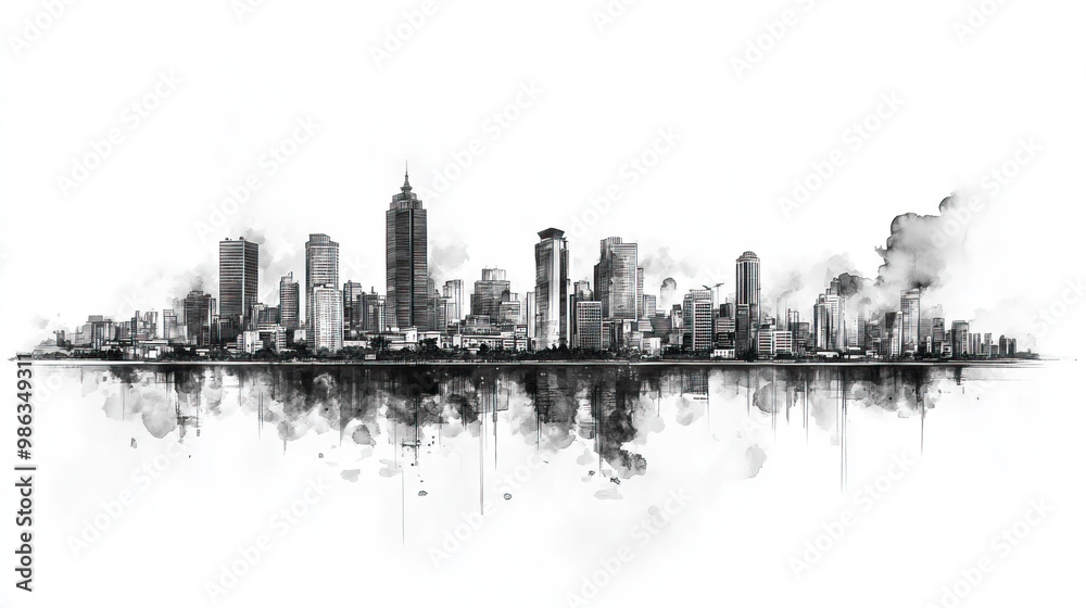 Obraz premium Medan, Indonesia, black and white pen pencil hand-drawn effect drawing illustration for travel poster, card, wallpaper, backdrop or banner. Modern, clear, artistic and simple