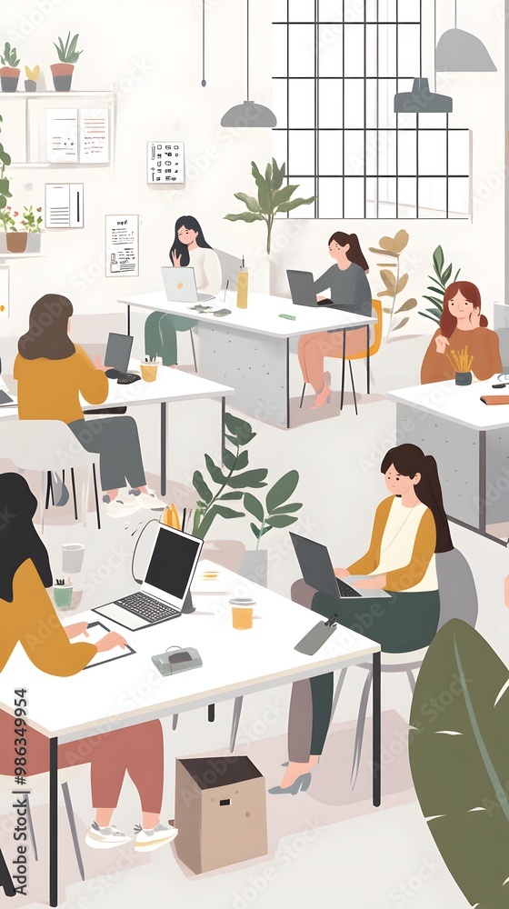 Isometric vector illustration of people in an office, working together at tables and desks, against a white background. Isometric vector illustration of people in an office, working together at tables and desks, against a white background.