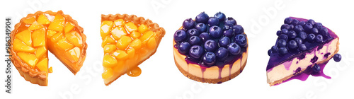 Set of fruit and cheesecake pies. Illustration isolated on transparent background. Dessert and bakery concept. Clipart for cookbook, menu, and culinary advertising.