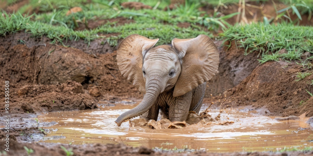 Fototapeta premium Baby Elephant Playing in Mud