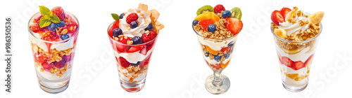Set of fruit parfait and yogurt desserts in glasses. Illustration isolated on transparent background. Dessert and bakery concept. Clipart for cookbook, menu, and culinary advertising.