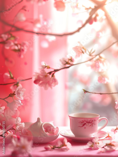 A delicate pink tea set surrounded by blooming cherry blossoms creates serene and inviting atmosphere. soft light enhances beauty of scene, evoking sense of tranquility and warmth