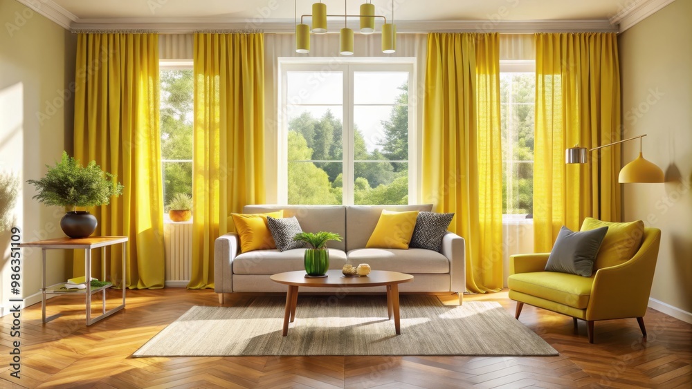 Bright and cozy living room interior with vibrant yellow curtains
