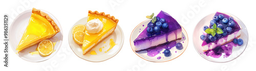 Set of lemon pie and cheesecake slices on plates. Illustration isolated on transparent background. Dessert and bakery concept. Clipart for cookbook, menu, and culinary advertising.