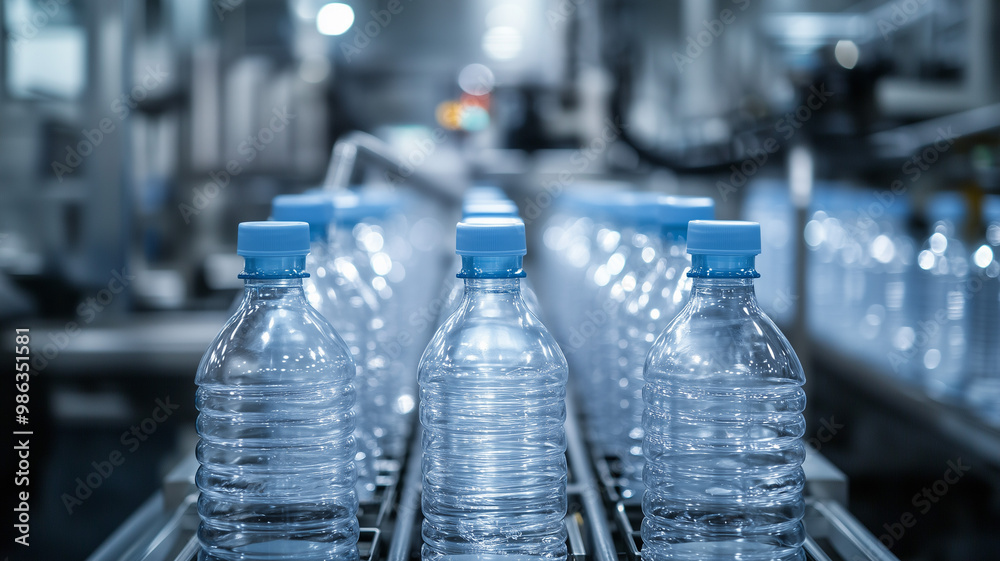 A focused shot of the bottling process with plastic bottles being labeled and capped on a clean, modern production line. The factory environment is bright and orderly. Ai generated A focused shot of the bottling process with plastic bottles being labeled and capped on a clean, modern production line. The factory environment is bright and orderly. Ai generated