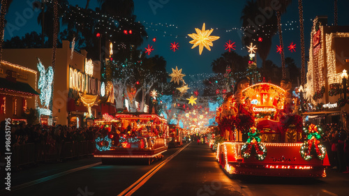 A nighttime Hollywood Christmas Parade with illuminated floats and twinkling lights reflecting the holiday magic, capturing the vibrant atmosphere and festive cheer. Ai generated