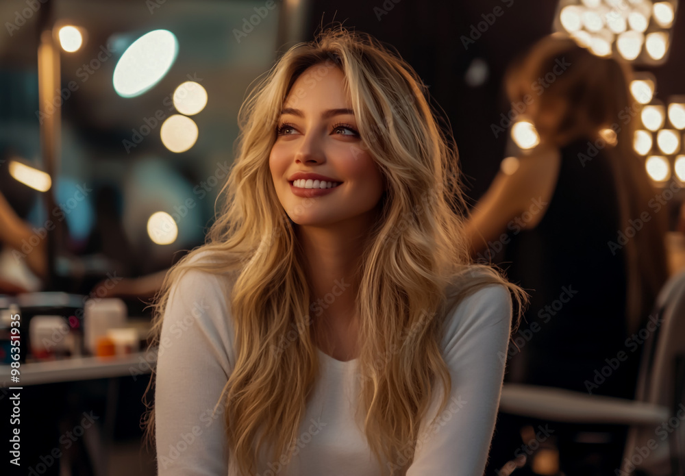 A beautiful blonde woman gazes at her reflection in the mirror, smiling gently under soft lighting. A beautiful blonde woman gazes at her reflection in the mirror, smiling gently under soft lighting.