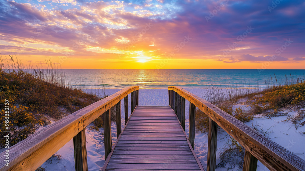 A picturesque view of a boardwalk stretching out to a serene white sand beach and clear ocean water. The sunset sky is painted in vibrant hues. Ai generated A picturesque view of a boardwalk stretching out to a serene white sand beach and clear ocean water. The sunset sky is painted in vibrant hues. Ai generated