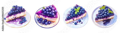 Set of blueberry cheesecake slices on plates and fresh blueberries. Illustration isolated on transparent background. Dessert and bakery concept. Clipart for cookbook, menu, and culinary advertising.