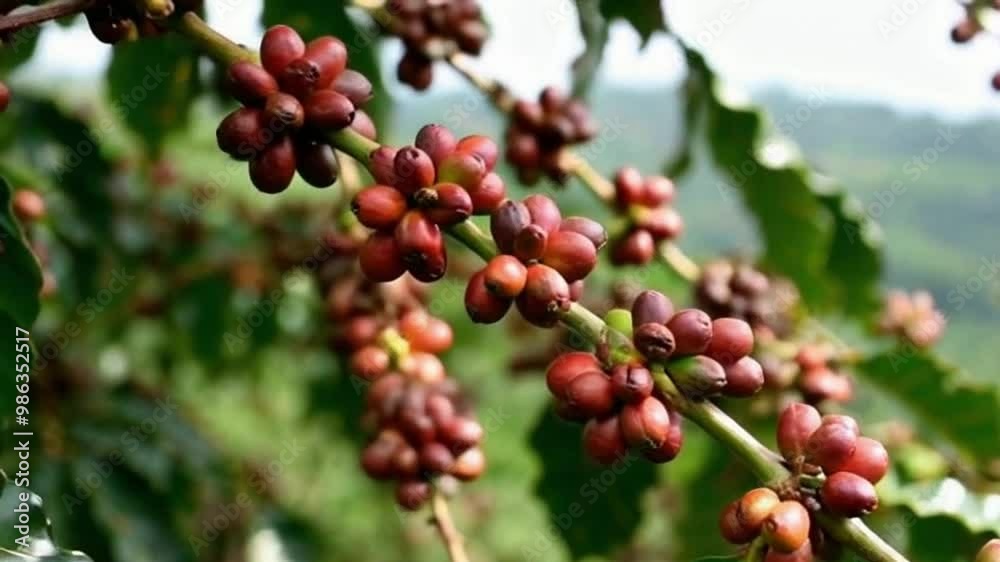 Coffee beans still attached to the tree Coffee beans still attached to the tree