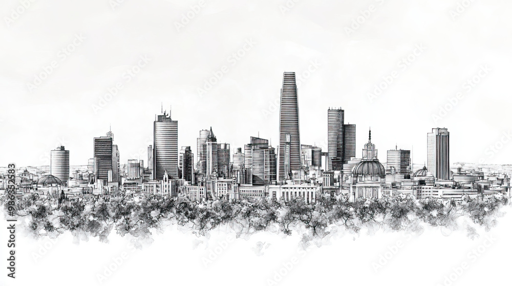 Obraz premium Mexico City, Mexico, black and white pen pencil hand-drawn effect drawing illustration for travel poster, card, wallpaper, backdrop or banner. Modern, clear, artistic and simple