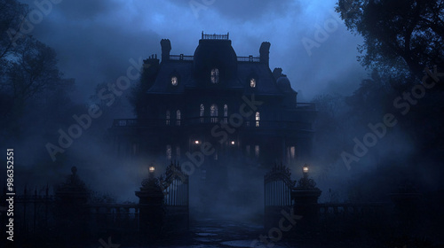 Haunted mansion surrounded by fog and eerie lighting photo