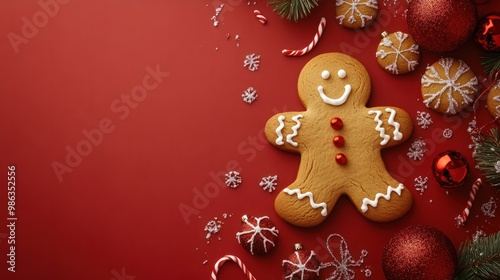 Christmas banner, gingerbread man on red background with copy space at Christmastime. Tradition of Happy Christmas. Joyful celebrations with festive joy and sweet treats. flat lay, top view