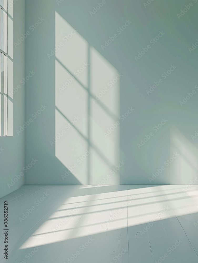 A serene and minimalistic empty room with soft light casting gentle shadows on white walls, creating peaceful atmosphere