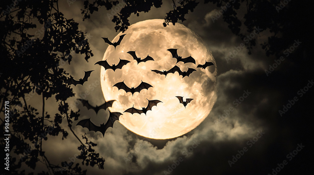 Silhouetted bats flying across a full moon in a dark sky Silhouetted bats flying across a full moon in a dark sky