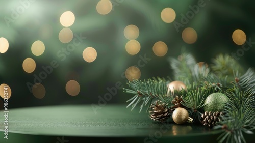 Christmas decorations on a green table with a tree behind