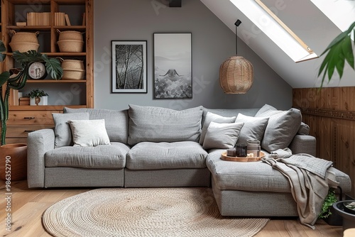 high-resolution, high quality 8k image of Corner sofa against shelving unit, scandinavian home interior design of modern living room in attic in farmhouse.
