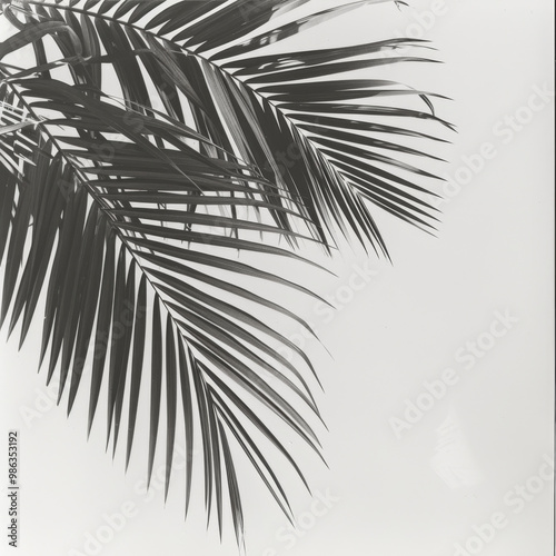 Minimalist palm leaves create striking contrast against white background, showcasing beauty of nature in simple yet elegant way. strong lines and shapes evoke sense of calm and tranquility