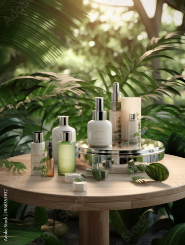 Natural skincare products are beautifully arranged on wooden table surrounded by lush greenery, creating serene and refreshing atmosphere. elegant display highlights essence of skincare and nature