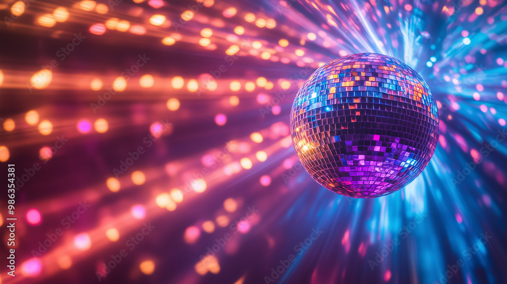 Disco ball sphere spinning and casting dynamic, colorful light patterns across a party venue. Ai generated