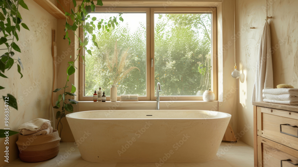 A minimalist bathroom space featuring freestanding bathtub, large window with greenery outside, and natural materials. serene atmosphere invites relaxation and tranquility A minimalist bathroom space featuring freestanding bathtub, large window with greenery outside, and natural materials. serene atmosphere invites relaxation and tranquility