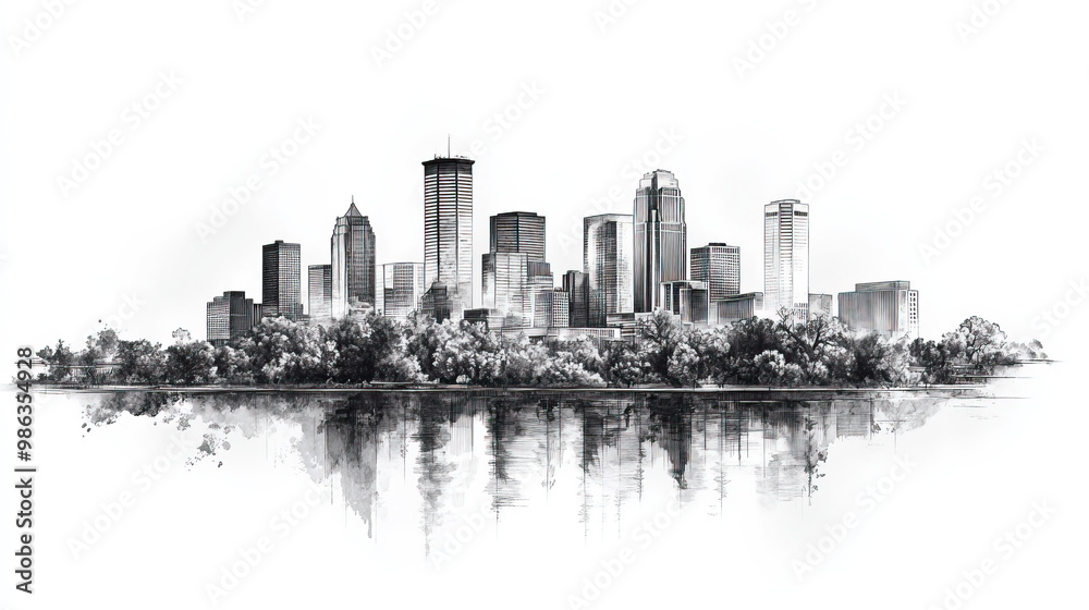 Fototapeta premium Minneapolis, Minnesota, black and white pen pencil hand-drawn effect drawing illustration for travel poster, card, wallpaper, backdrop or banner. Modern, clear, artistic and simple