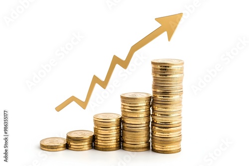 Ascending Gold Coin Stacks with Upward Arrow Symbolizing Financial Growth and Investment Success