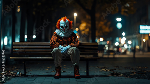 Scary clown mask sitting on a wooden bench at night photo