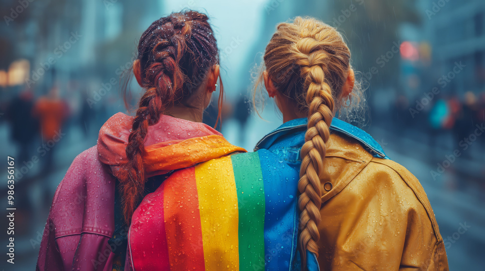 Fototapeta premium two girls with rainbow flag, inclusive culture, respect and equity and empowering communities