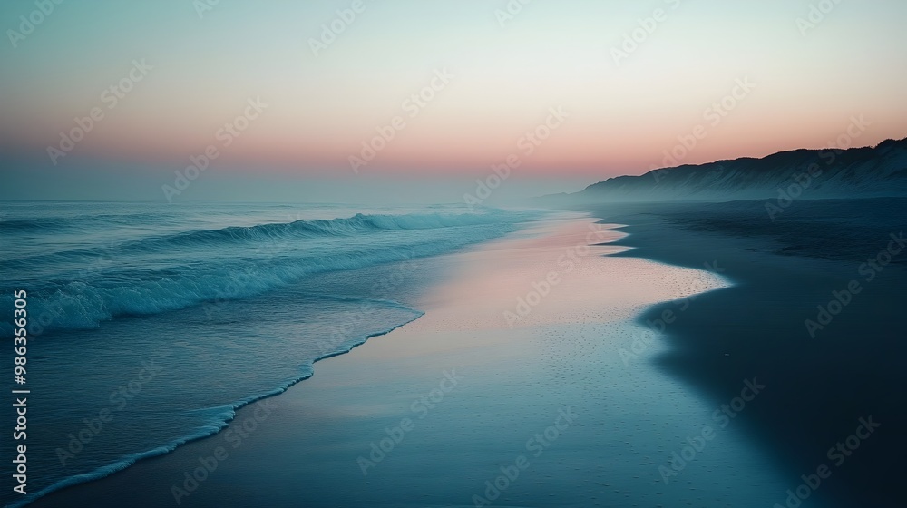 Fototapeta premium Tranquil Coastal Dawn:Serene Shoreline Meets the Horizon