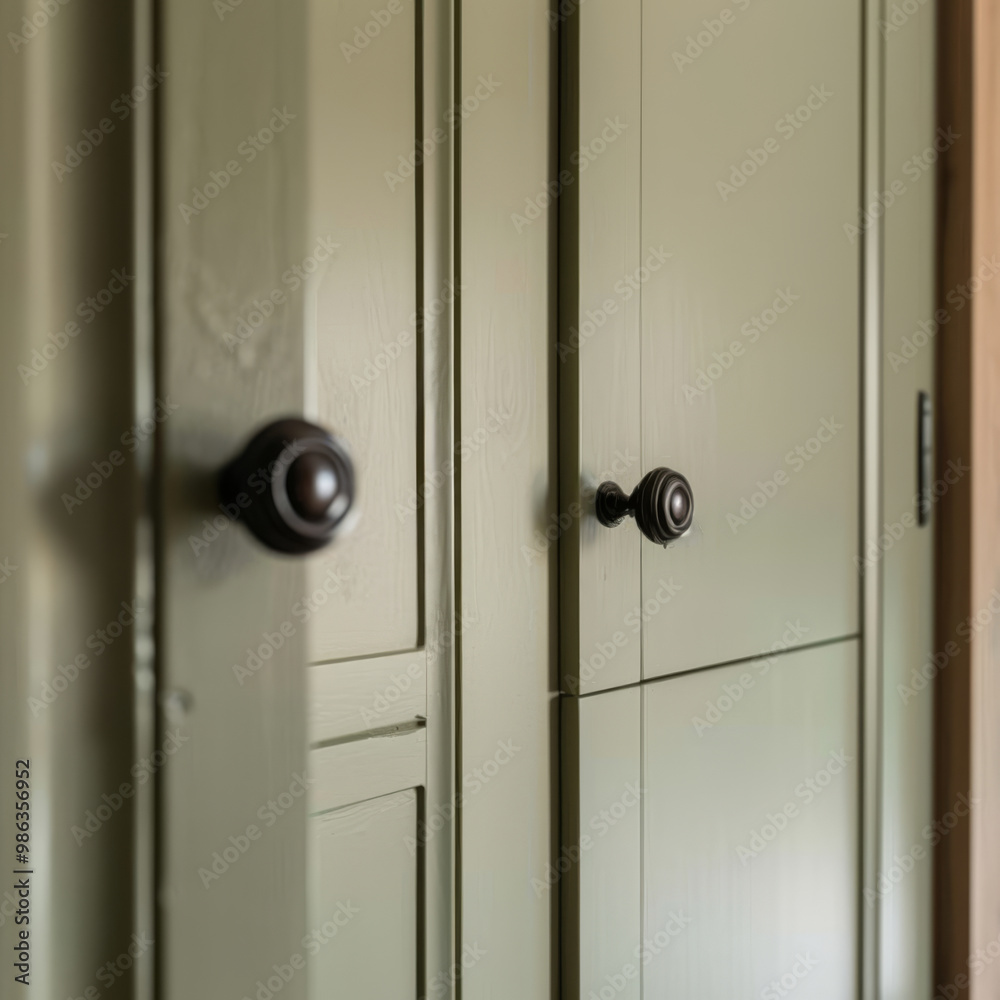 A close up view of stylish green cabinet featuring elegant black knobs, showcasing modern design that adds touch of sophistication to any interior space A close up view of stylish green cabinet featuring elegant black knobs, showcasing modern design that adds touch of sophistication to any interior space