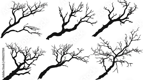 Six silhouettes of bare tree branches in various positions for graphic design use.