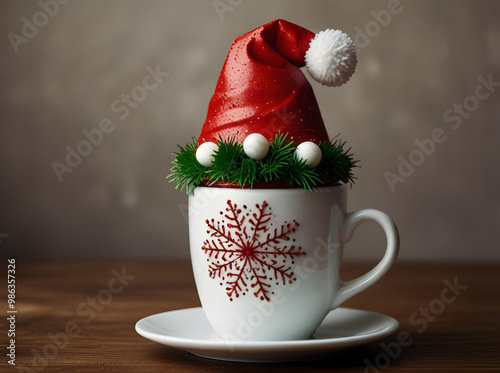 festive seasonal mug with Christmas decorations, Xmas Santa hat on cup of tea