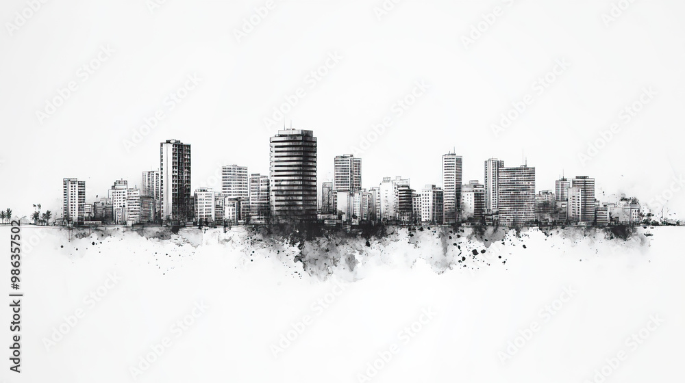 Obraz premium Moca, Dominican Republic, black and white pen pencil hand-drawn effect drawing illustration for travel poster, card, wallpaper, backdrop or banner. Modern, clear, artistic and simple