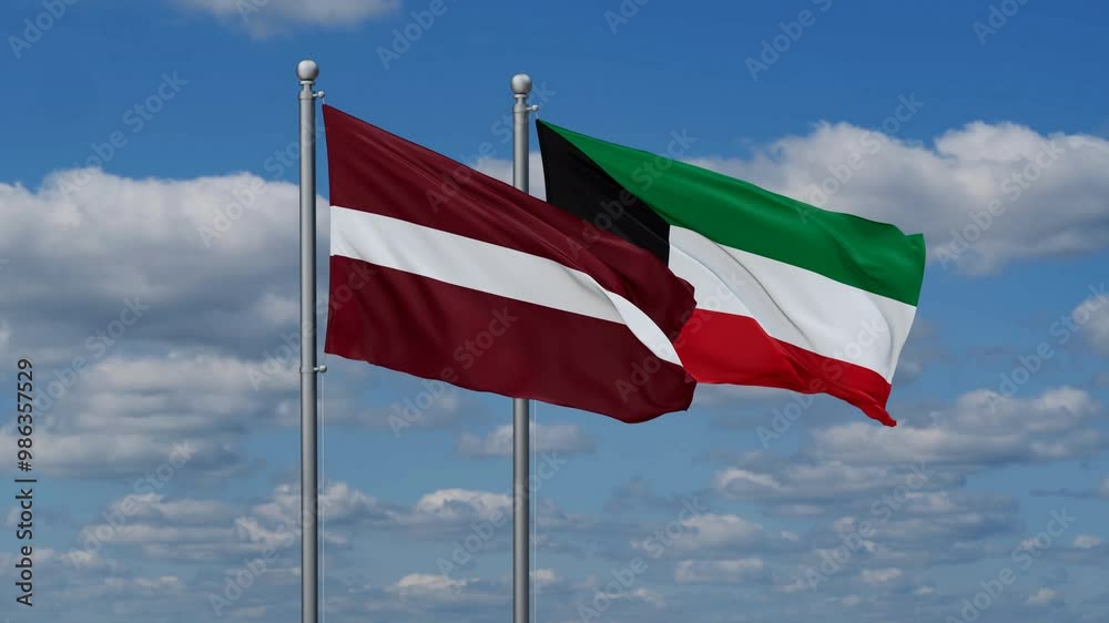 Kuwait and Latvia flags flying together, video concept of the relationship, two country cooperation concept