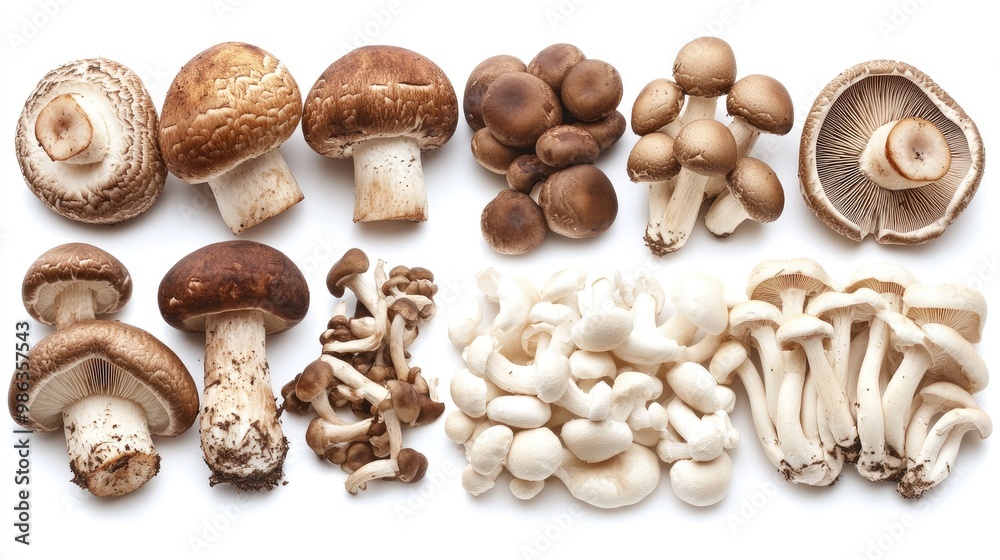 A neatly arranged set of mushrooms on a white background, featuring portobello, shiitake, and button mushrooms in their juicy, fresh state. A neatly arranged set of mushrooms on a white background, featuring portobello, shiitake, and button mushrooms in their juicy, fresh state.