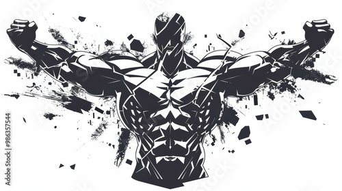 A muscular man with his arms raised in the air