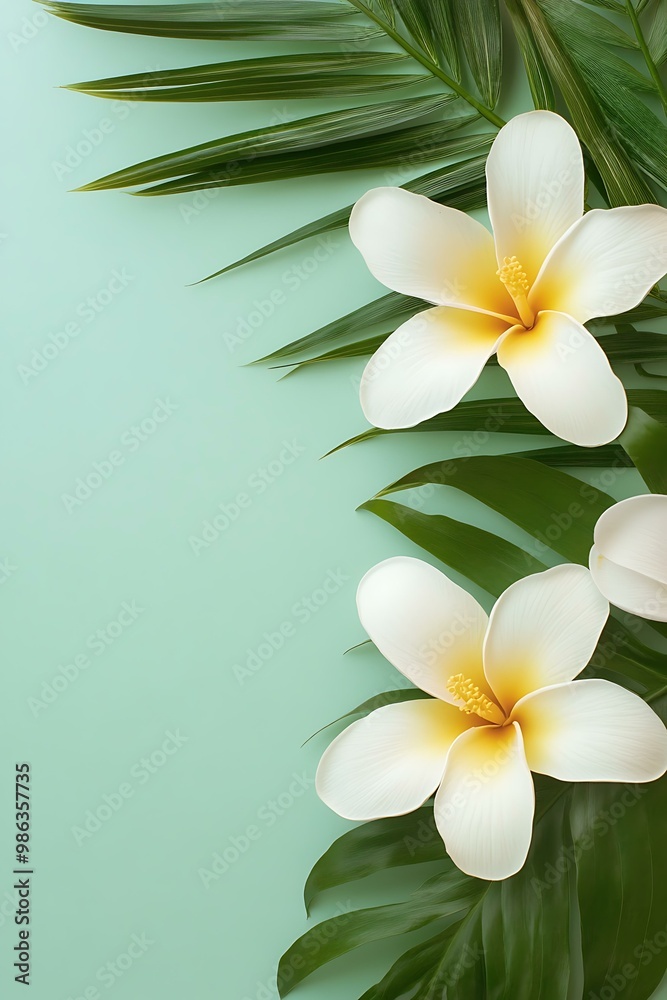 Fototapeta premium Tropical Floral Background with White Flowers and Green Leaves