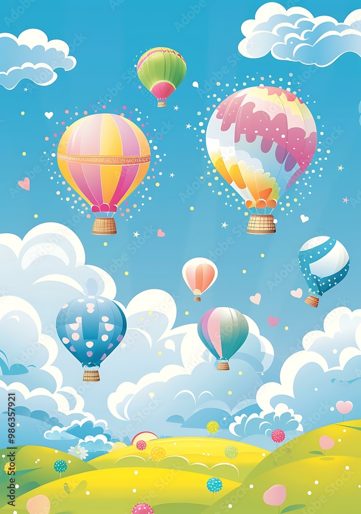 Obraz premium Colorful Hot Air Balloons Flying in Blue Sky with Clouds