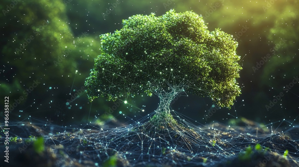 Fototapeta premium A blockchain network growing like a digital tree in a virtual forest